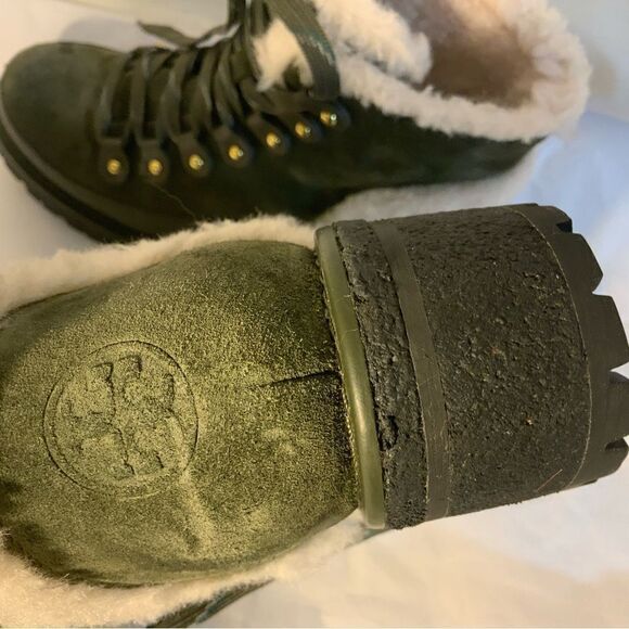 Tory Burch Boxwood Green Suede Cooper Shearling Bootie 5M - Picture 14 of 15